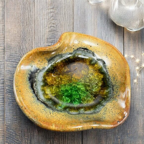 DOWN to EARTH Pottery Recycled Crackle Glass Plate Dish Small Crystalline Glaze - Picture 1 of 12